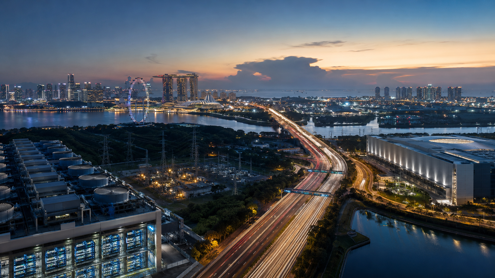 Johor Singapore corridor with city skyline, data centers, power constraints and cross-border AI adoption