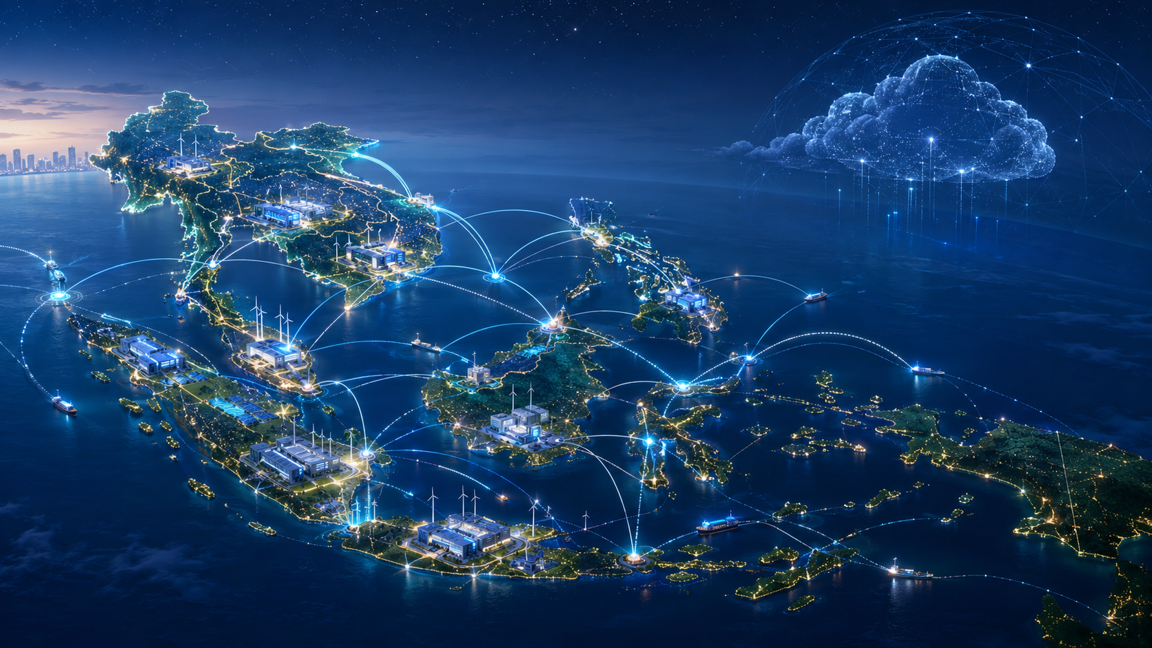 Networked ASEAN map connecting AI infrastructure campuses, cloud and energy systems