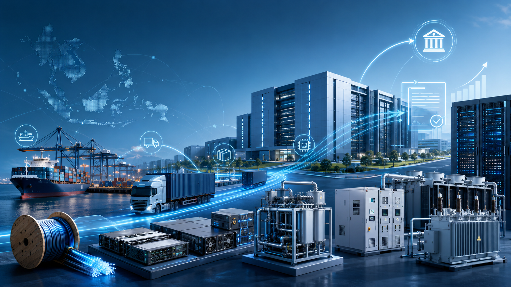 ASEAN AI infrastructure supply chain with data center equipment, logistics and financing
