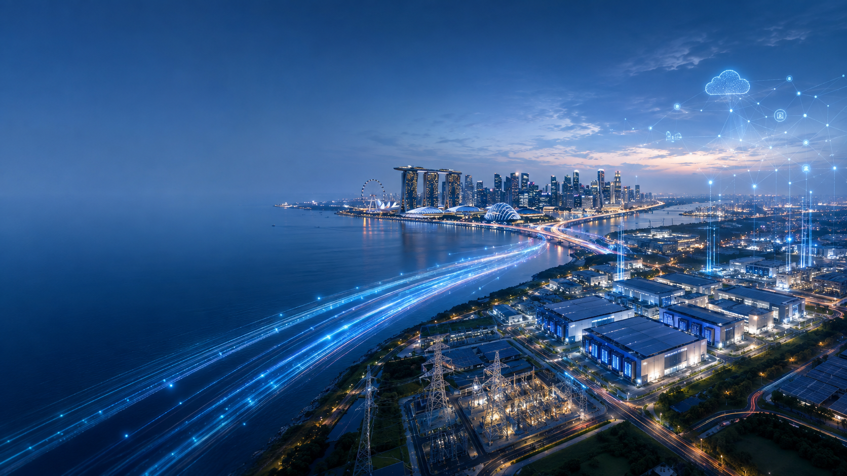 Singapore–Johor AI corridor with data centers, power infrastructure and digital connectivity