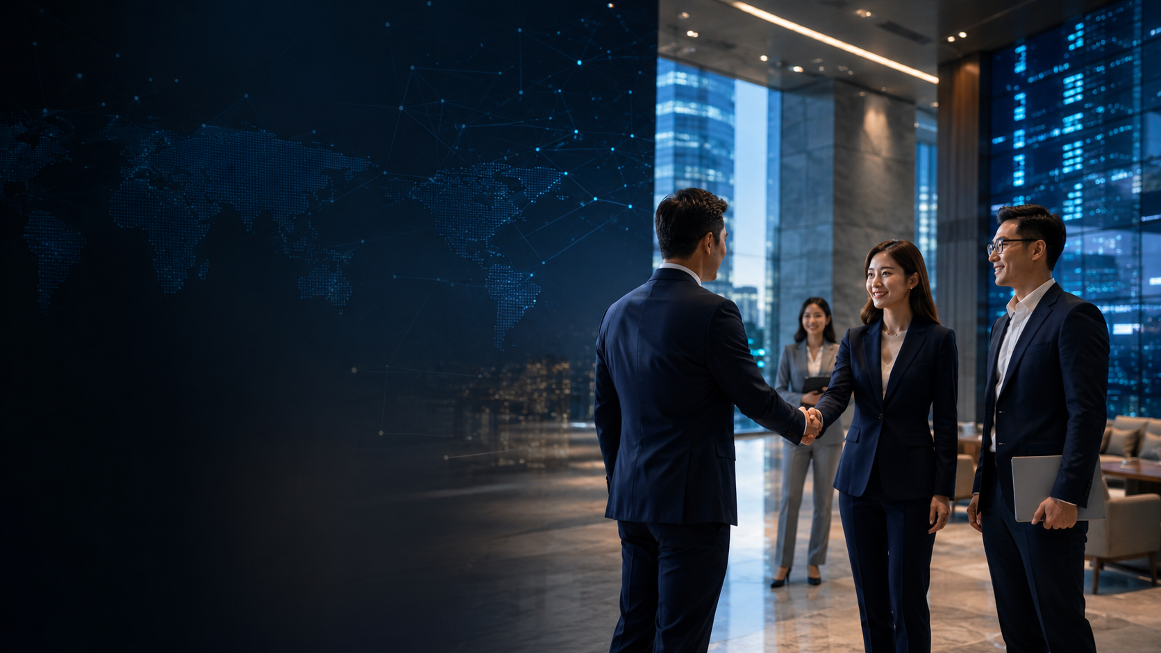Professional handshake in a modern corporate lobby symbolizing engagement and partnerships
