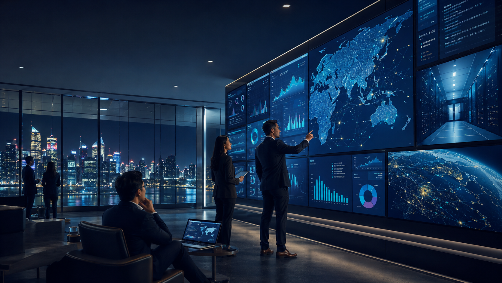 Institutional news and APAC AI infrastructure monitoring wall with analysts and city views