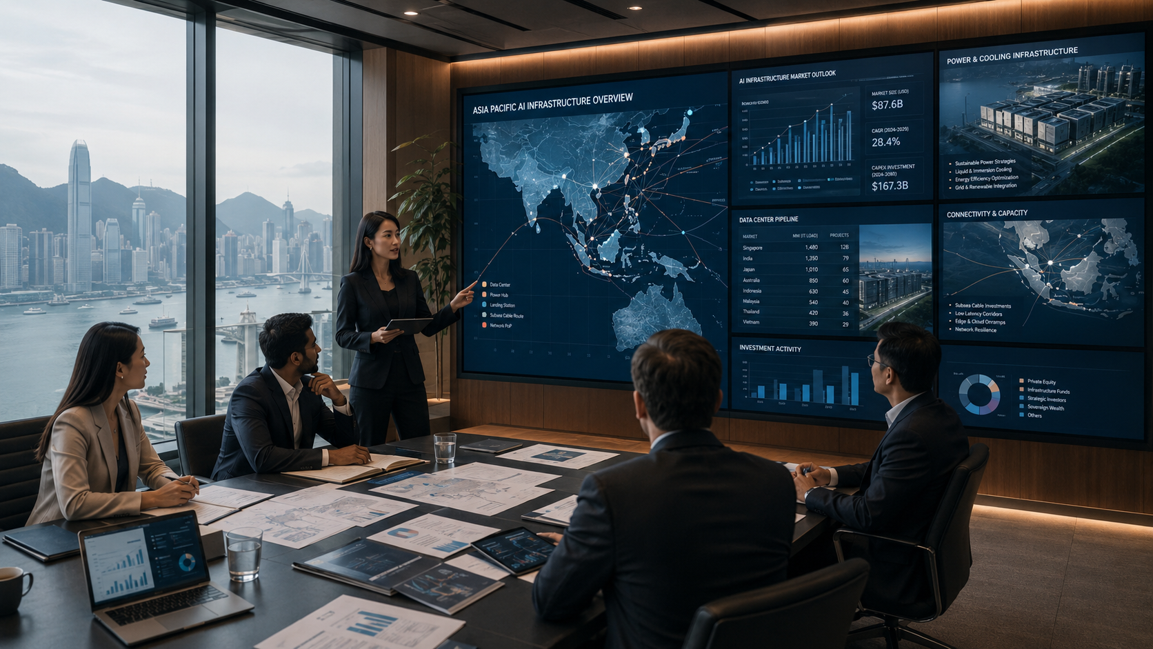 Institutional research presentation overlooking an APAC city skyline