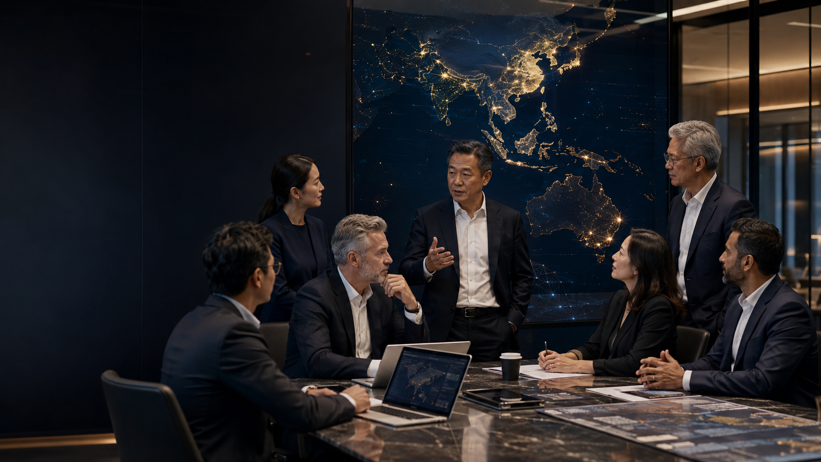 Leadership and operating partners in a strategy meeting around an APAC digital map